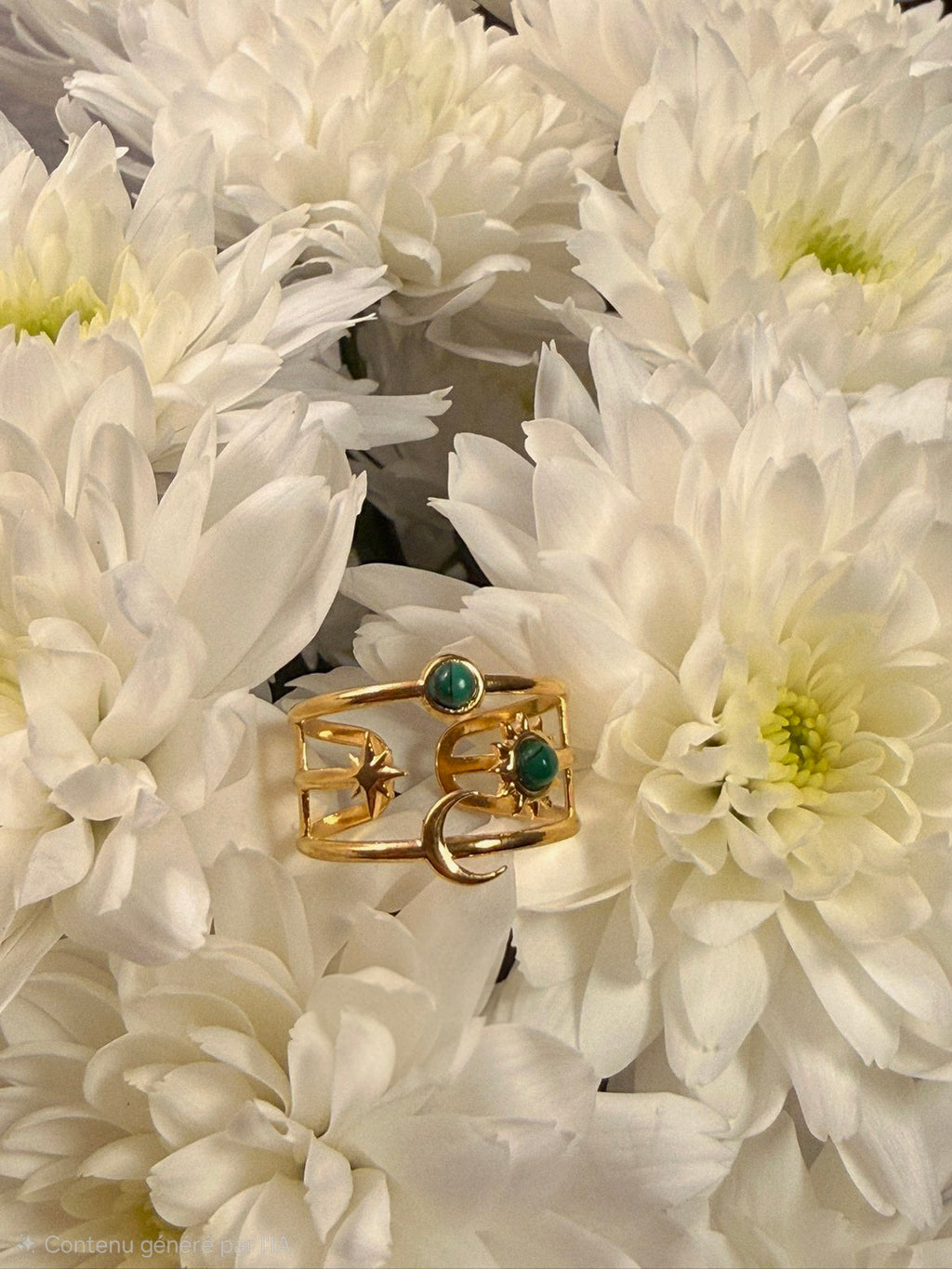 Bague large dorée ajustable et ajourée avec motifs lune, soleil et étoile, sertie de deux pierres rondes vert foncé.