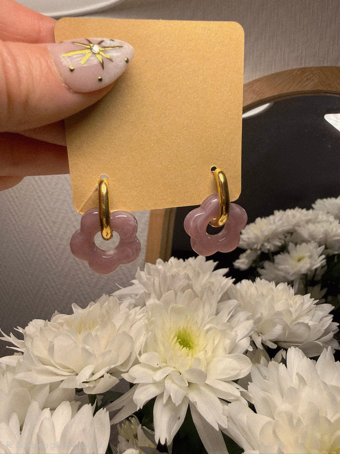 Boucles d'oreilles petites créoles dorées épaisses avec pendentif en forme de fleur translucide couleur lilas.